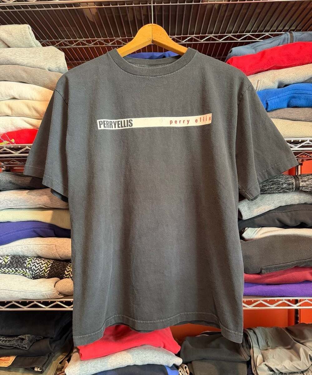Vintage Perry Ellis Logo Graphic Tee Faded Black Size Large